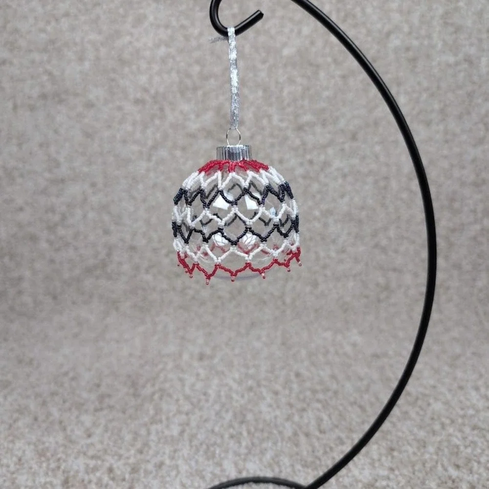 Handmade Beaded Christmas Ornament Ball Red White Blue Festive Holiday Decor